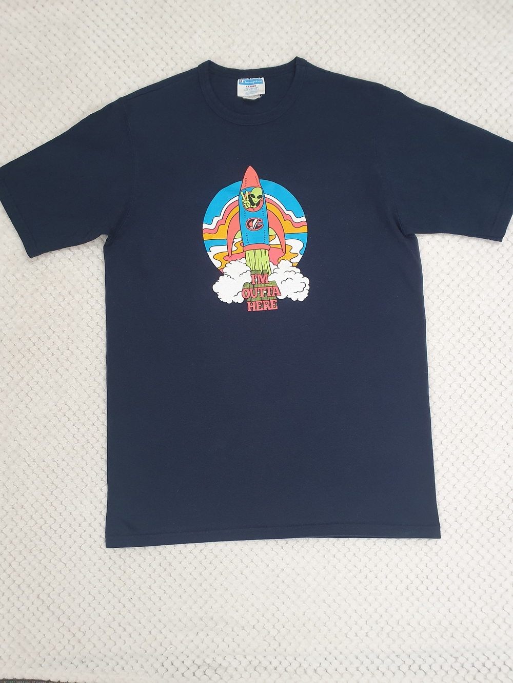 Champion Graphic Tee Mens Large Navy Blue Alien Rocket "I'm Outta Here" Shirt